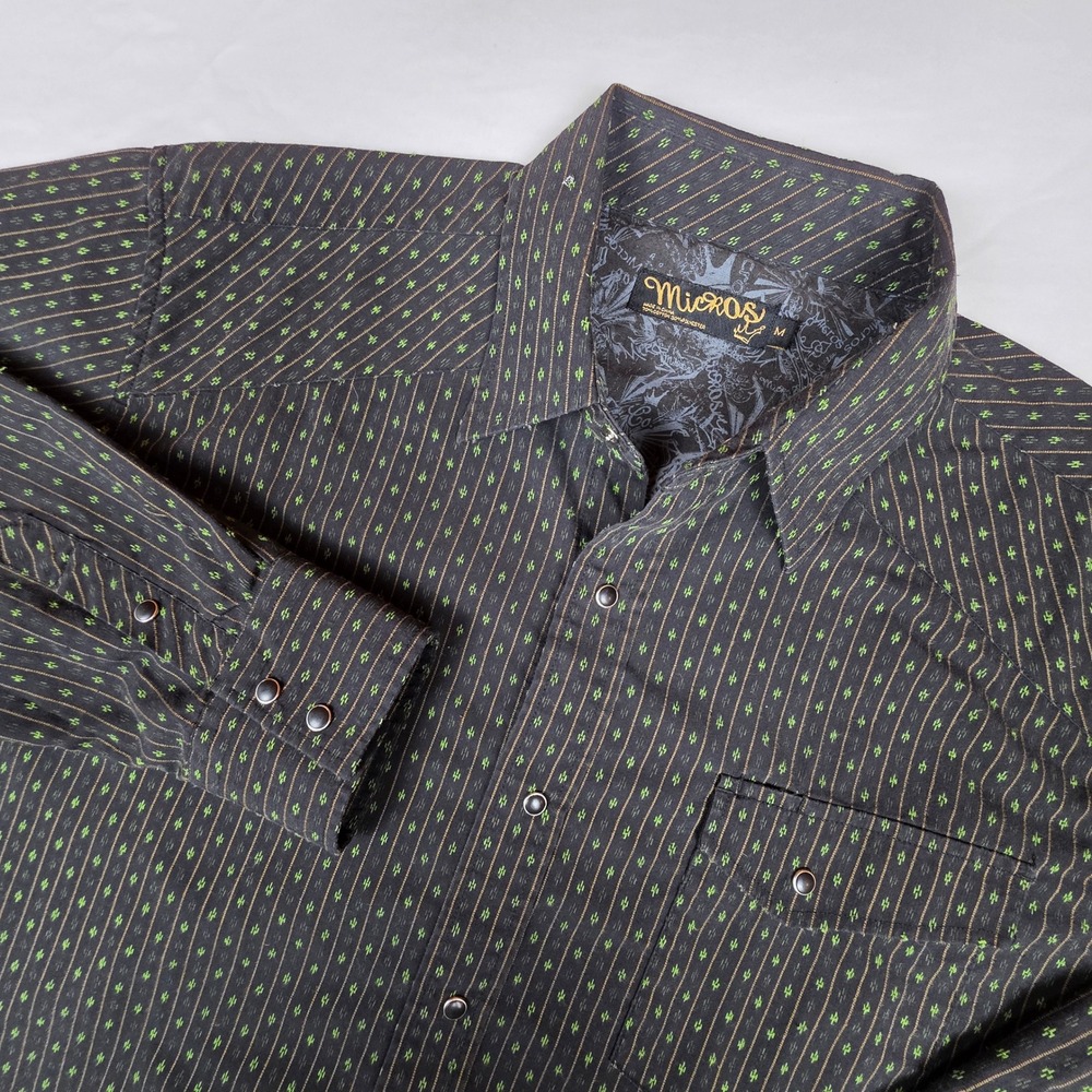 Micros Mens Western Snap Shirt Black Lime Green Pinstripe Long Sleeve‎ Medium